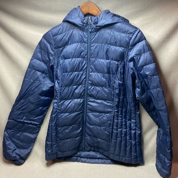 Heatk weatherproof packable down coat with detachable hood blue size medium - Picture 1 of 4
